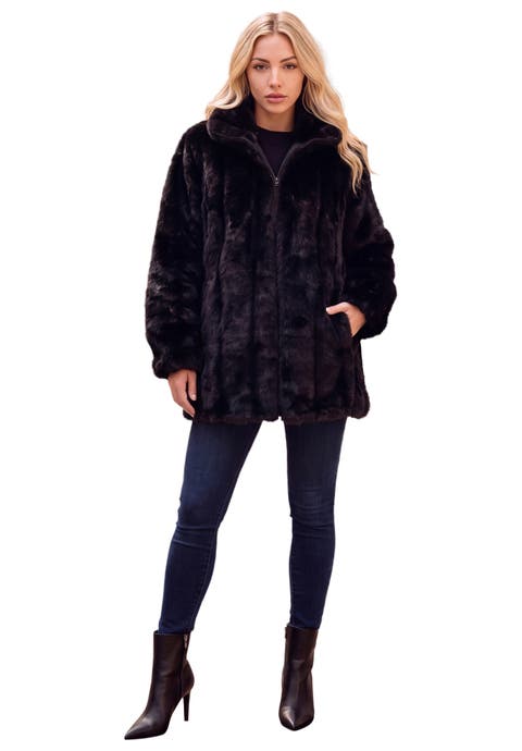 Plus Size Mid Length Hooded Faux Fur Coat (plus)