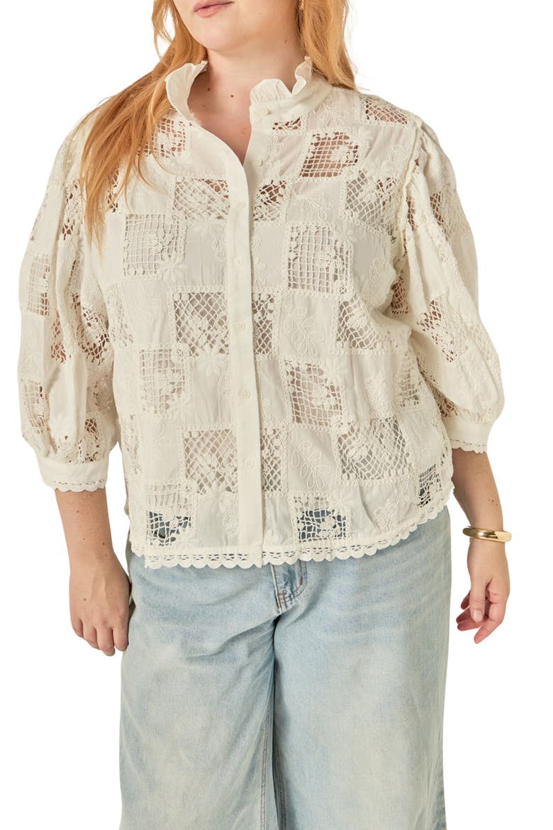 Embroidered Ruffle Button Shirt, Alternate, color, WHITE