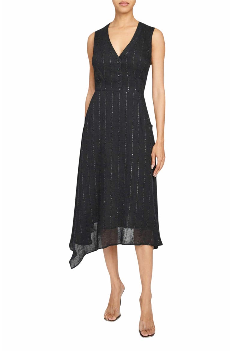 Nia Sleeveless Midi Dress with Asymmetric Hemline and Button Details in Metallic Striped Linen, Main, color, BLACK