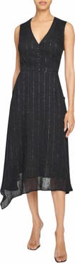 Santorelli Nia Sleeveless Midi Dress with Asymmetric Hemline and Button Details in Metallic Striped Linen