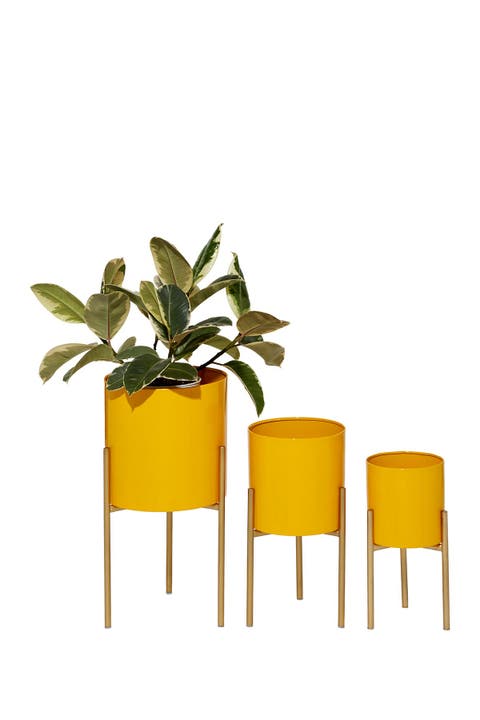 Yellow Metal Contemporary Planter with Removable Stand - Set of 3