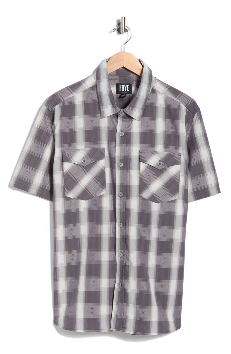 Frye Plaid Short Sleeve Dobby Button-Up Shirt, Main, color, Grey