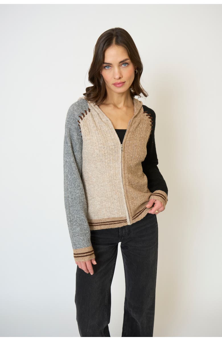 Central Park West Faye Cabled Hoodie W/Whipstitch, Main, color, Black Brown Multi