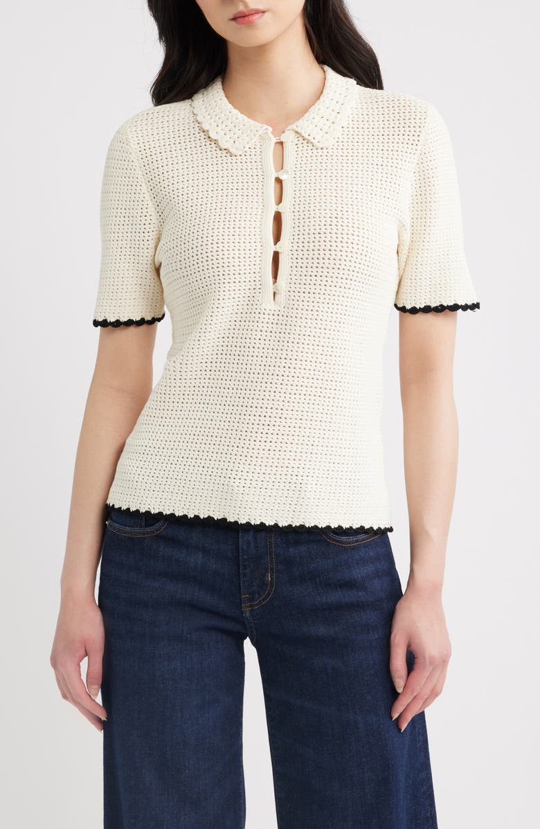FRAME The Daybreak Open Stitch Polo Sweater, Main, color, Cream Multi
