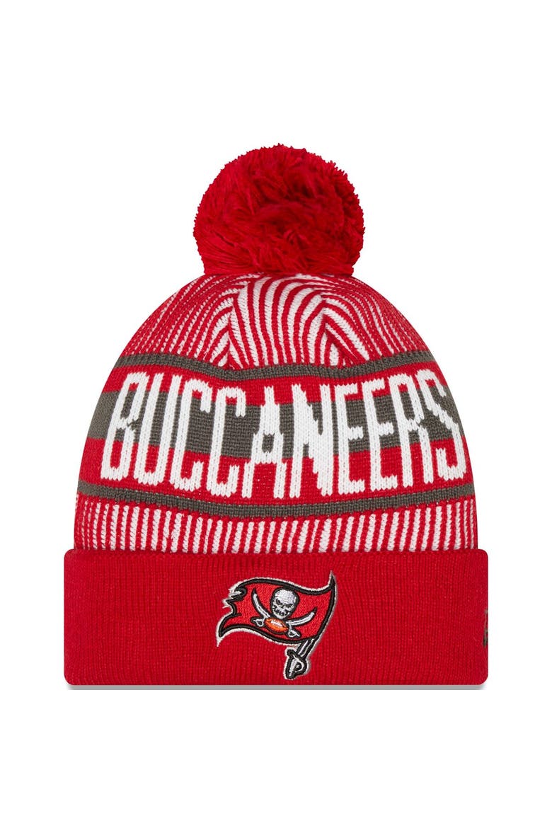 Men's New Era Red Tampa Bay Buccaneers Striped Cuffed Knit Hat with Pom, Main, color, Red