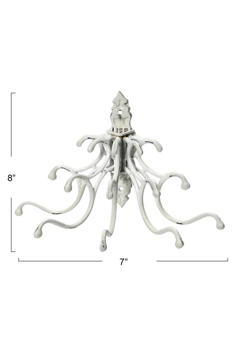 Antique Decorative Cast Iron Multi Hook Wall Hanger with 15 Hooks, Distressed White, Alternate, color, White