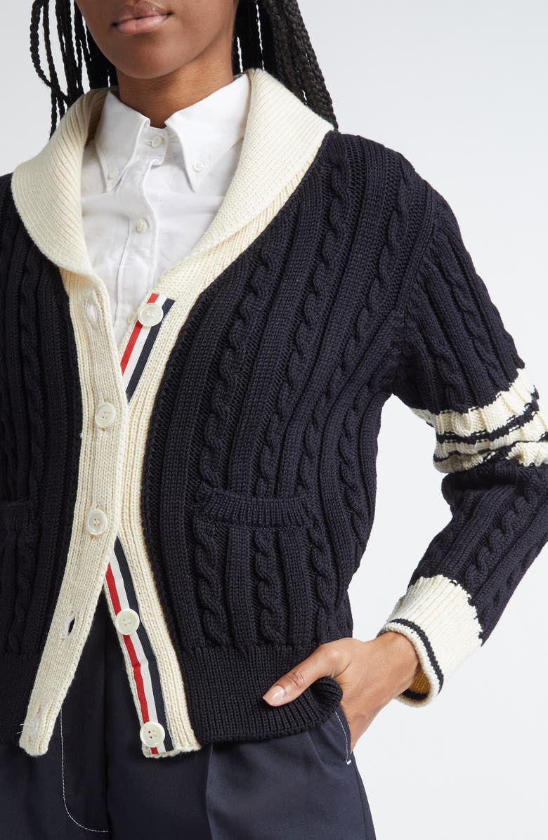 Thom Browne 4-Bar Cable Knit Virgin Wool Shawl Cardigan, Alternate, color, Navy