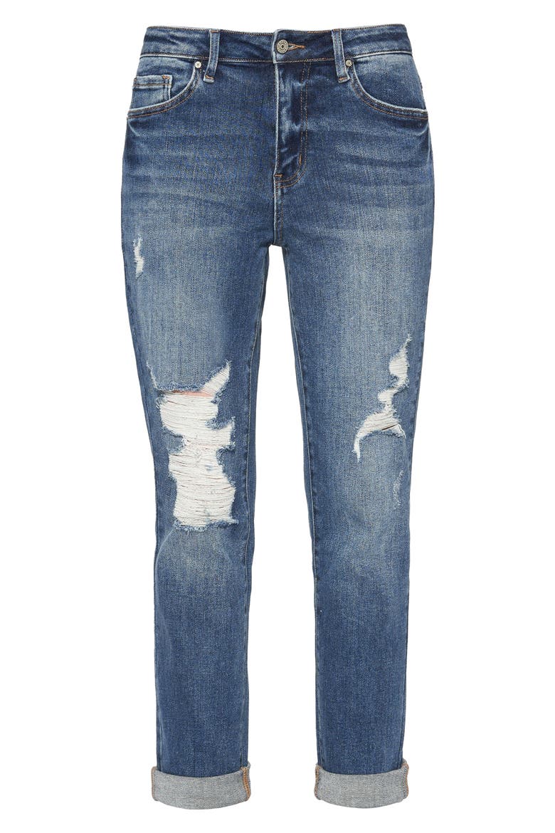 High Waist Rolled Cuff Straight Leg Jeans, Alternate, color, DARK BLUE