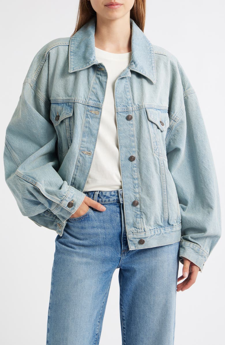 Topshop Oversize Balloon Sleeve Denim Jacket, Main, color, Light Blue