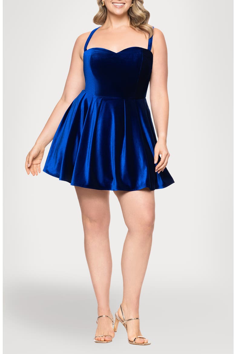 Lace-Up Velvet Cocktail Minidress, Main, color, SAPPHIRE