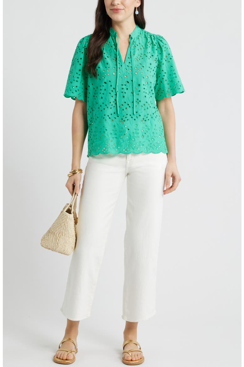 Eyelet Split Neck Cotton Top, Alternate, color, GREEN EASE