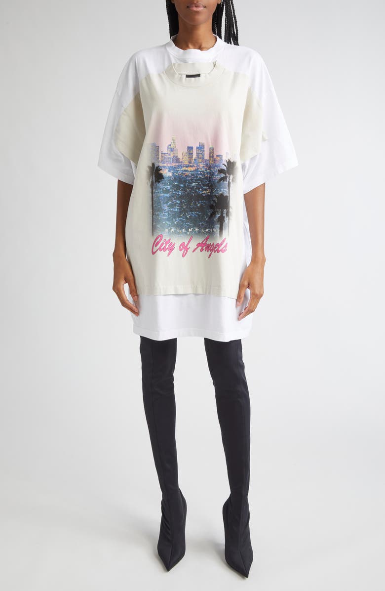 Balenciaga Patched City of Angels Graphic T-Shirt Dress, Main, color, 9060 Dirty White/ White