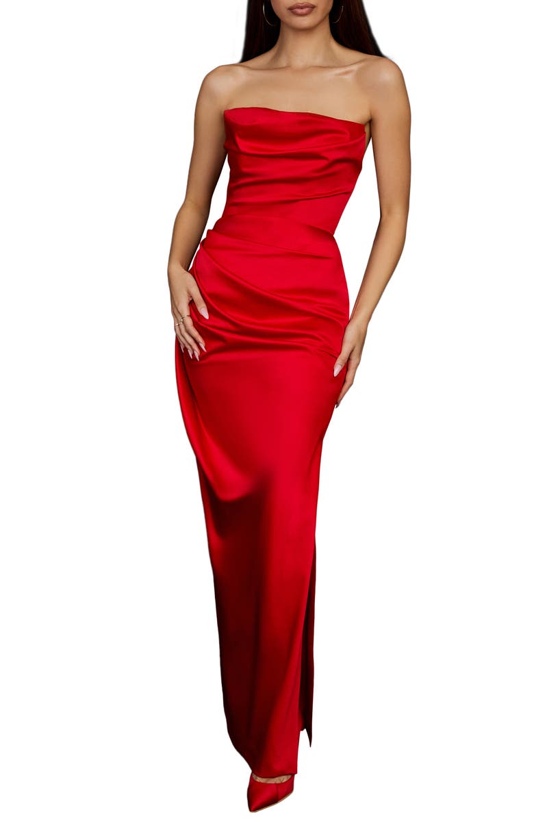 HOUSE OF CB Adrienne Gathered Satin Strapless Gown, Main, color, Scarlet