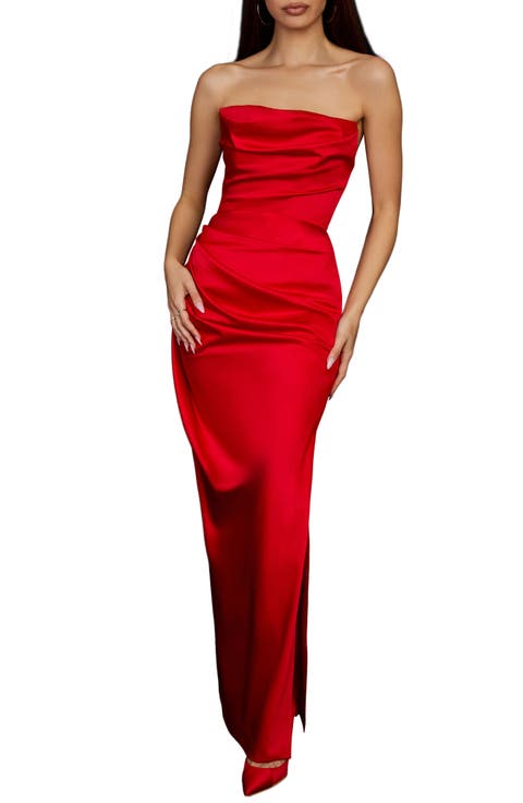Adrienne Gathered Satin Strapless Gown