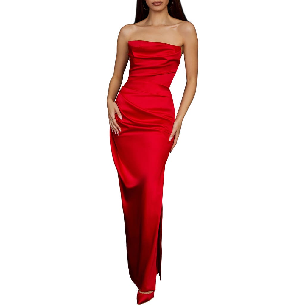 HOUSE OF CB Adrienne Gathered Satin Strapless Gown in Scarlet  product