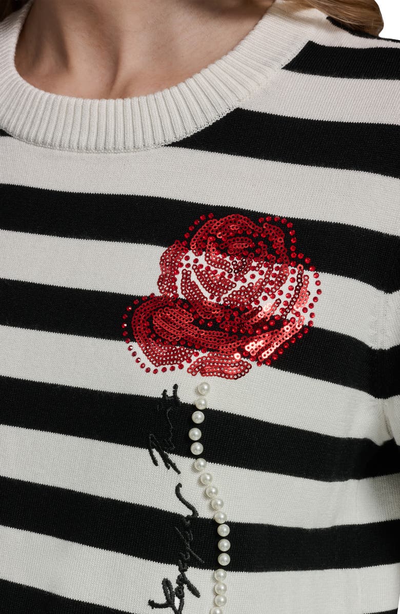 KARL LAGERFELD PARIS Bead & Faux Pearl Rose Detail Stripe Sweater, Alternate, color, 