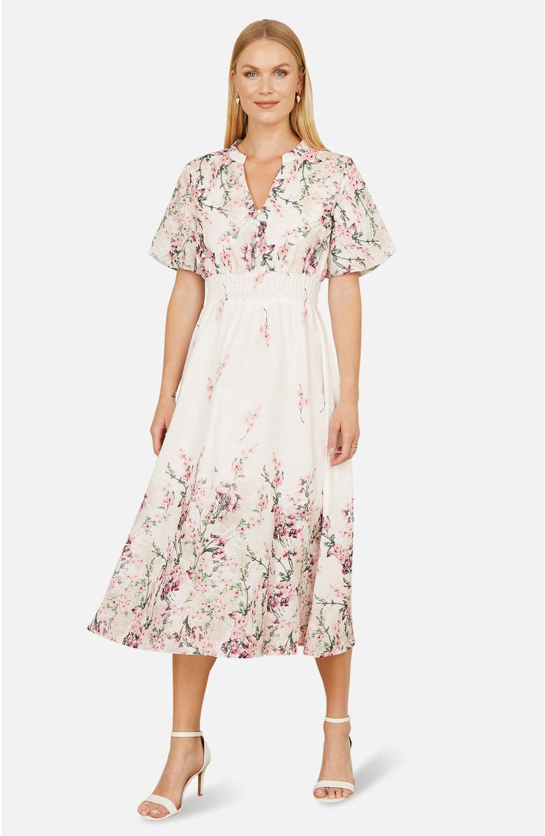 Yumi Mirrored Floral Button Up Midi Dress, Main, color, Ivory