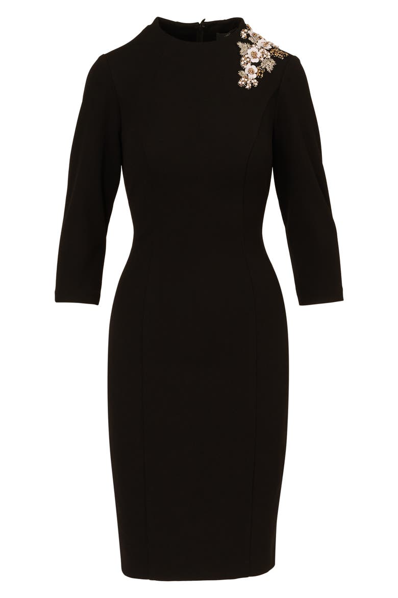 Floral Appliqué Crepe Sheath Cocktail Dress, Alternate, color, BLACK