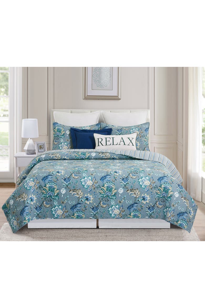 Morrison Cotton Floral Jacobean Quilt Set  - Reversible and Machine Washable, Alternate, color, Blue