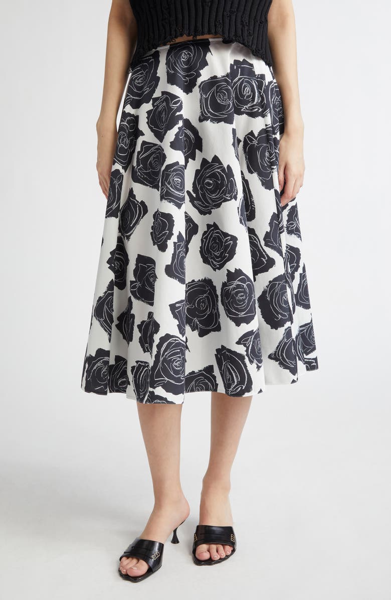 Marni Rose Print Cotton Midi Skirt, Main, color, Lily White