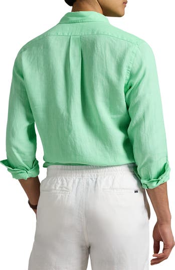 Classic Fit Solid Green Linen Button-Down Shirt