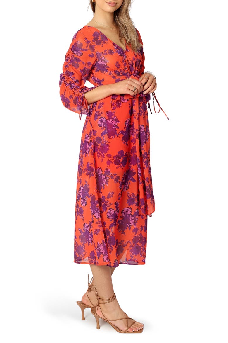 Hallie Floral Ruched Midi Dress, Alternate, color, RED WINE