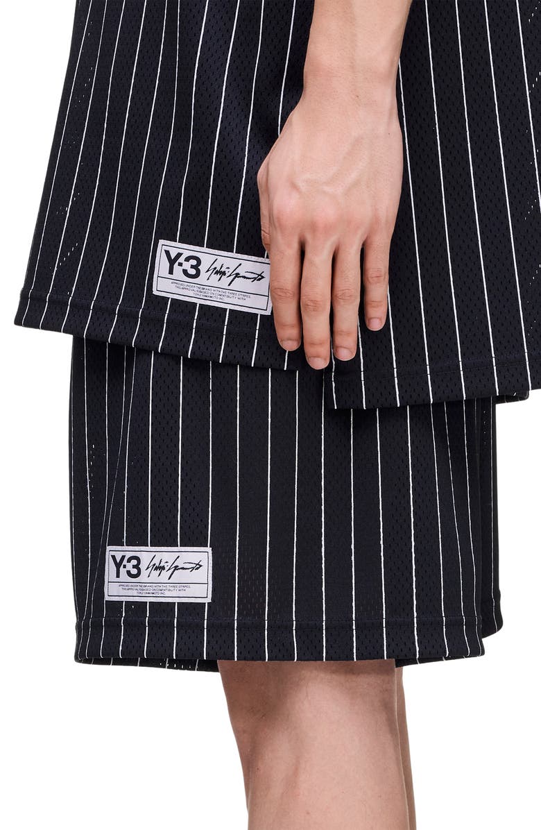 Y-3 Mesh Pinstripe Shorts, Alternate, color, Black