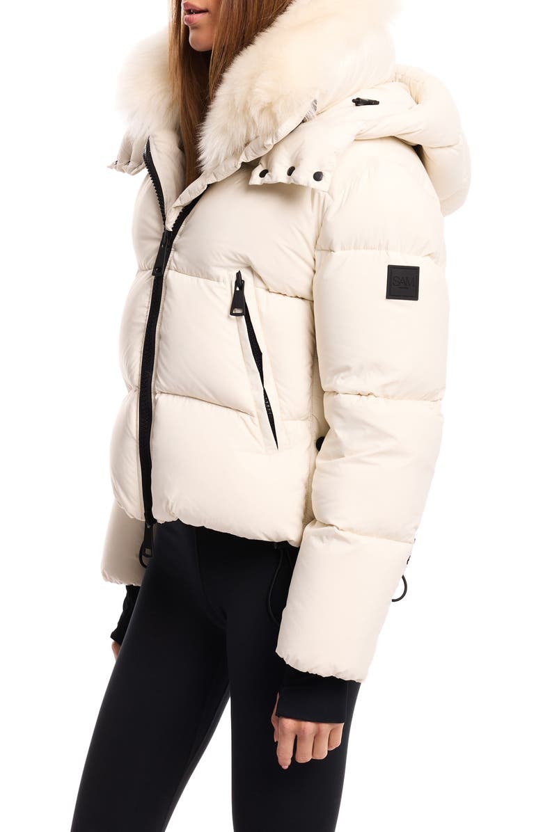 SAM. Kaia Water Resistant Down Puffer Jacket with Removable Genuine Shearling Trim, Alternate, color, Off White