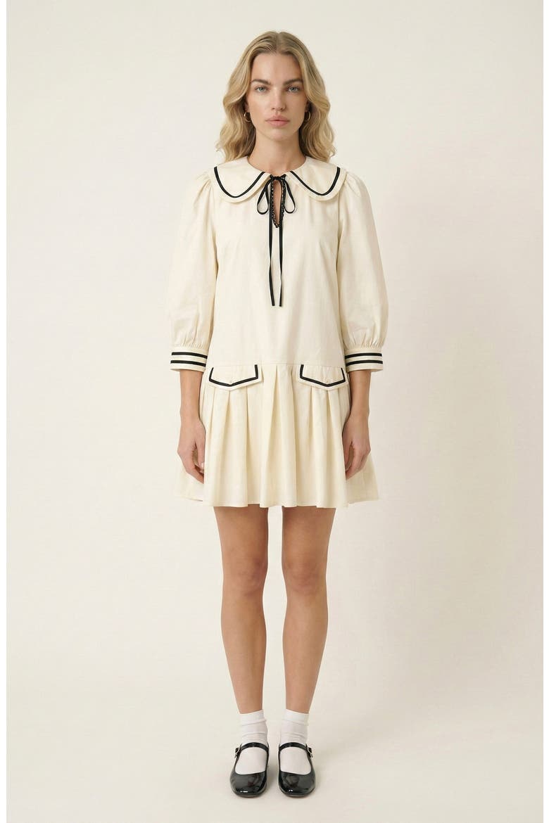 Long-Sleeve Pleated Mini Dress, Main, color, Off-white / Black
