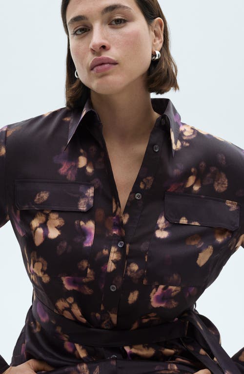 Mango Floral Print Tie Waist Long Sleeve Midi Shirtdress In Purple