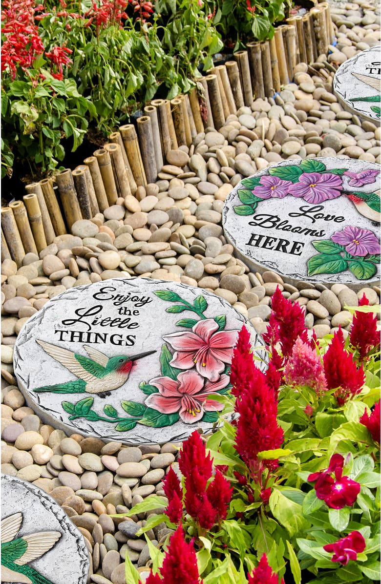 Glitzhome Set of 2 Cement Hummingbird & Flower Textured Stepping Stones, Alternate, color, White