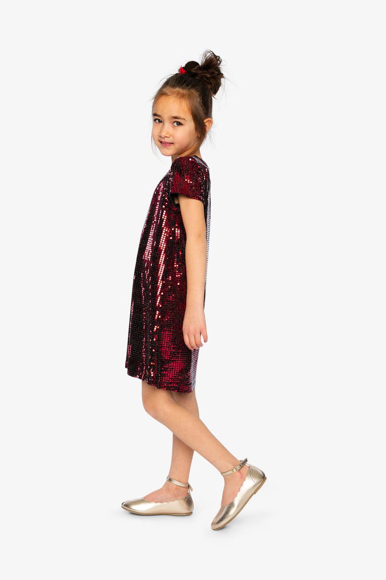 Short Sleeve Lurex Jersey Polyknit A-Line Dress, Alternate, color, Rouge