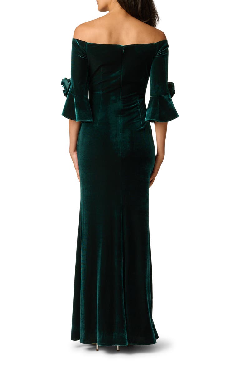 Bell Sleeve Off the Shoulder Stretch Velvet Rosette Gown, Alternate, color, HUNTER