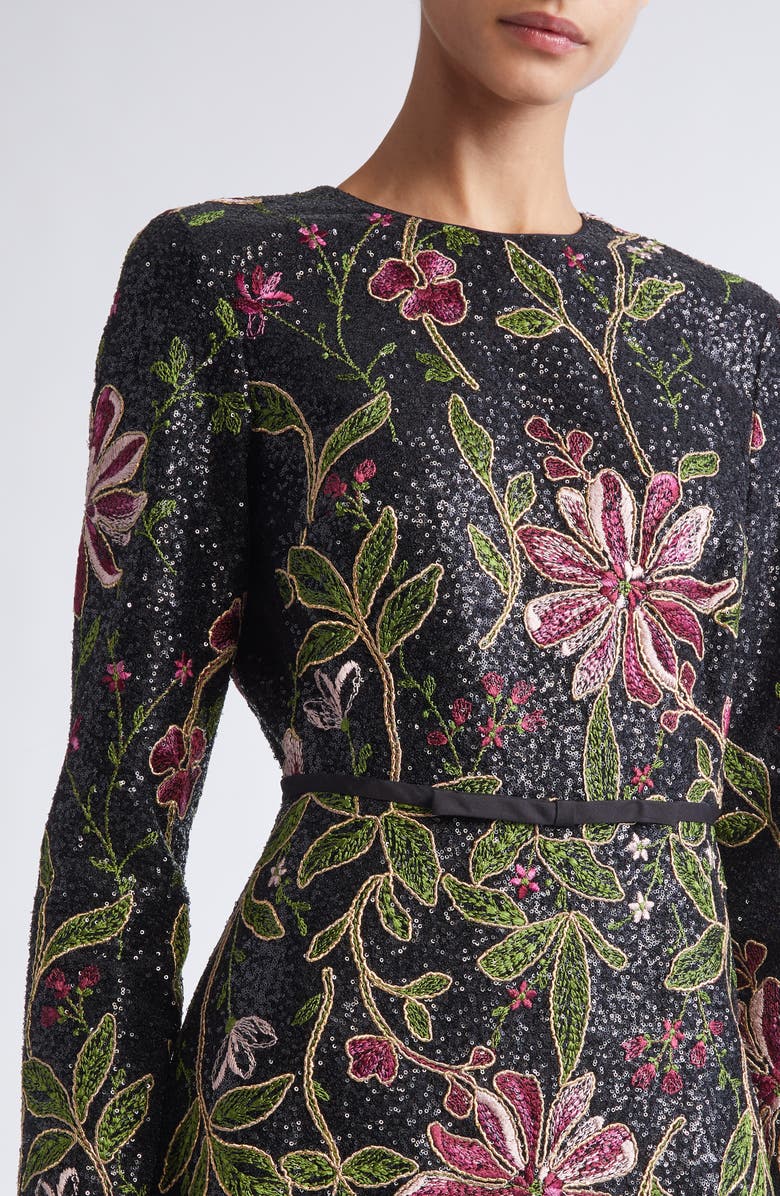 Giambattista Valli Black Flower Screen Long Sleeve Sequin Dress, Alternate, color, 