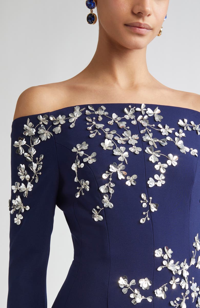 Carolina Herrera Floral Appliqué Off the Shoulder Stretch Crepe Midi Dress, Alternate, color, Midnight
