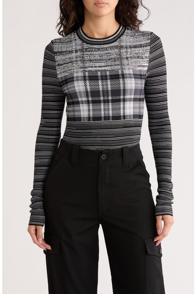 Mixed Stripe Long Sleeve Crop Top, Main, color, BLACK