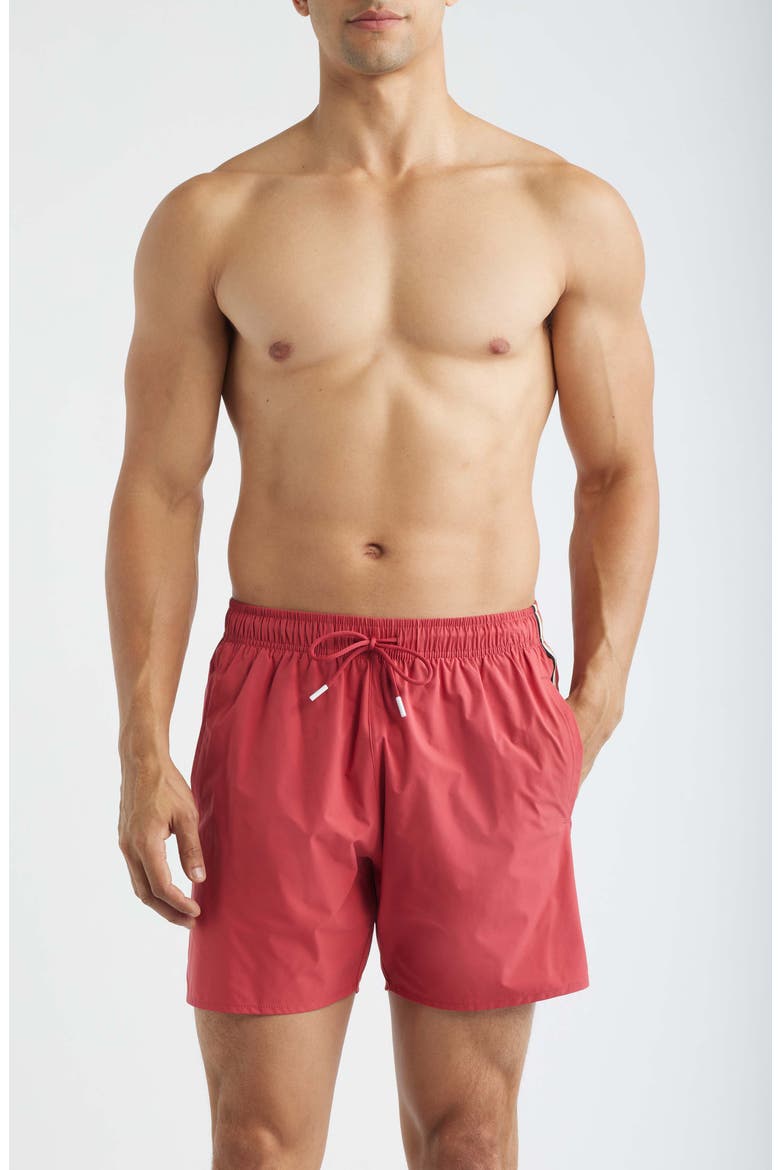 Iconic Side Stripe Swim Trunks, Main, color, DARK RED