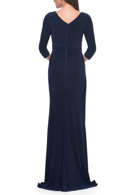 La Femme Long Evening Dress With Wrap Style Neckline In Navy