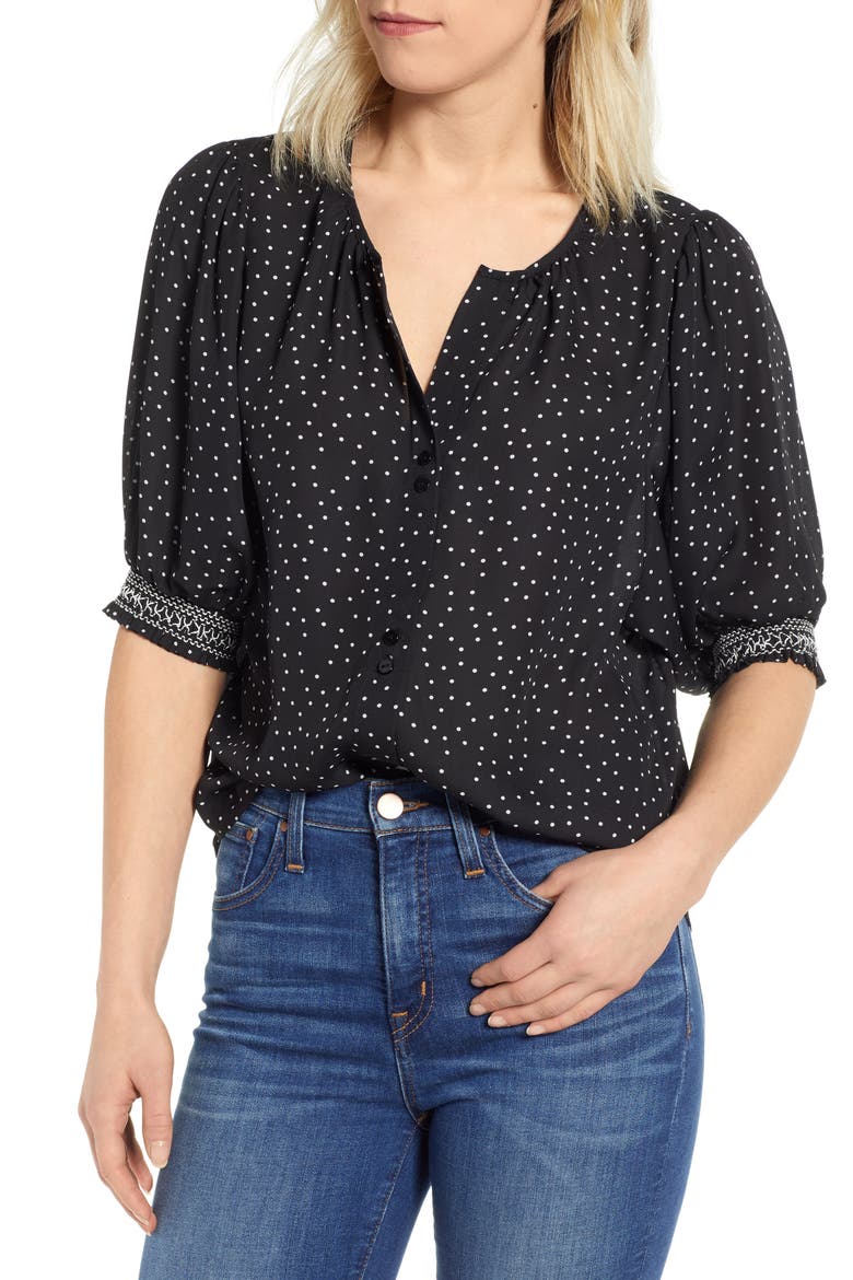 Valerie Dotted Puff Sleeve Blouse, Main, color, BLACK/ LILAC DOT