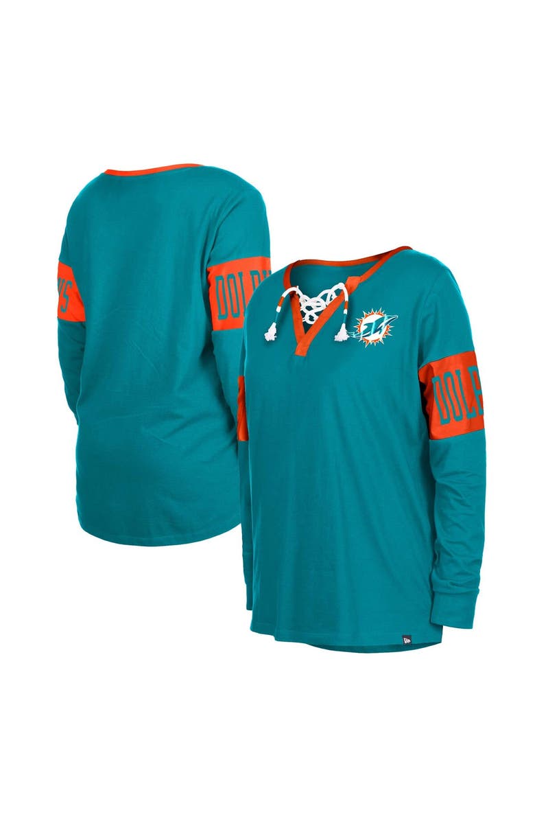 New Era Women's New Era Aqua Miami Dolphins Lace-Up Notch Neck Long Sleeve T-Shirt, Alternate, color, 