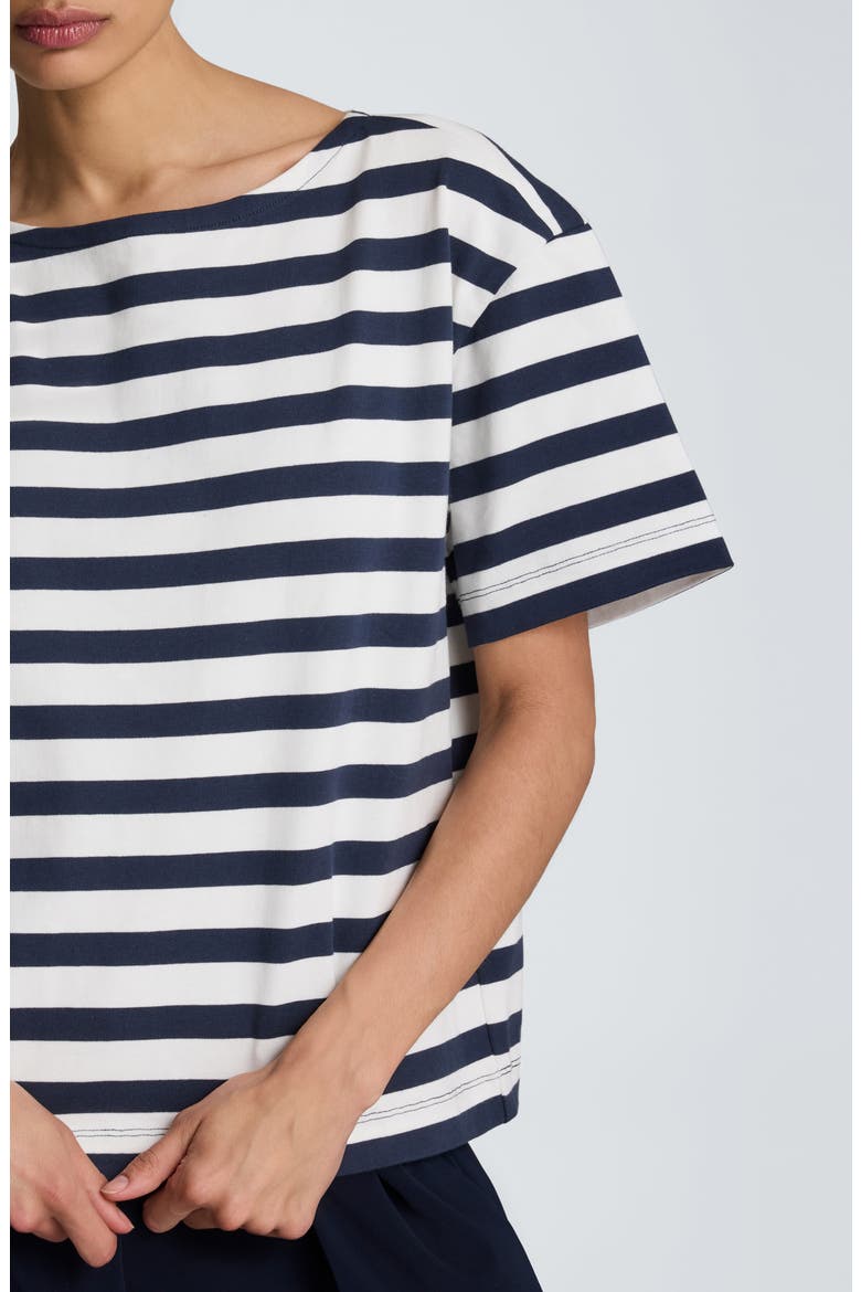Stripe Boatneck Cotton T-Shirt, Alternate, color, PURE WHITE/ DK NAVY