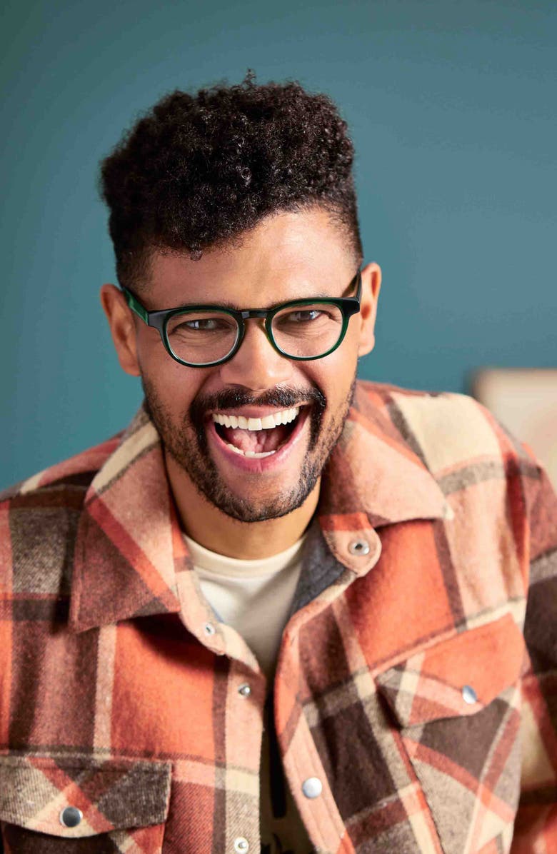 eyebobs Clearly 46mm Round Blue Light Blocking Glasses, Alternate, color, Emerald Green Crystal