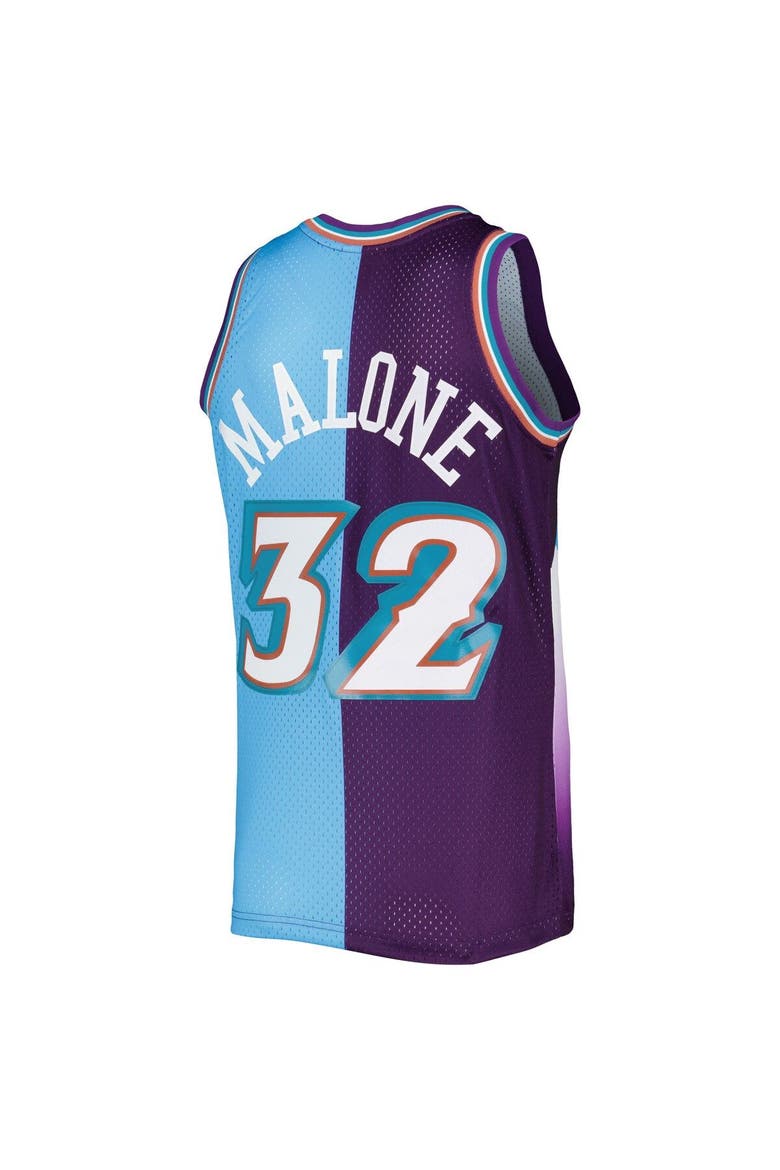 Men's Mitchell & Ness Karl Malone Purple/Turquoise Utah Jazz Hardwood Classics 1996/97 Split Swingman Jersey, Alternate, color, Purple