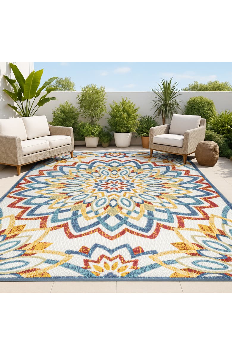 JONATHAN Y Flora Abstract Bold Mandala High-Low Indoor/Outdoor Area Rug, Alternate, color, Red/Blue/Yellow