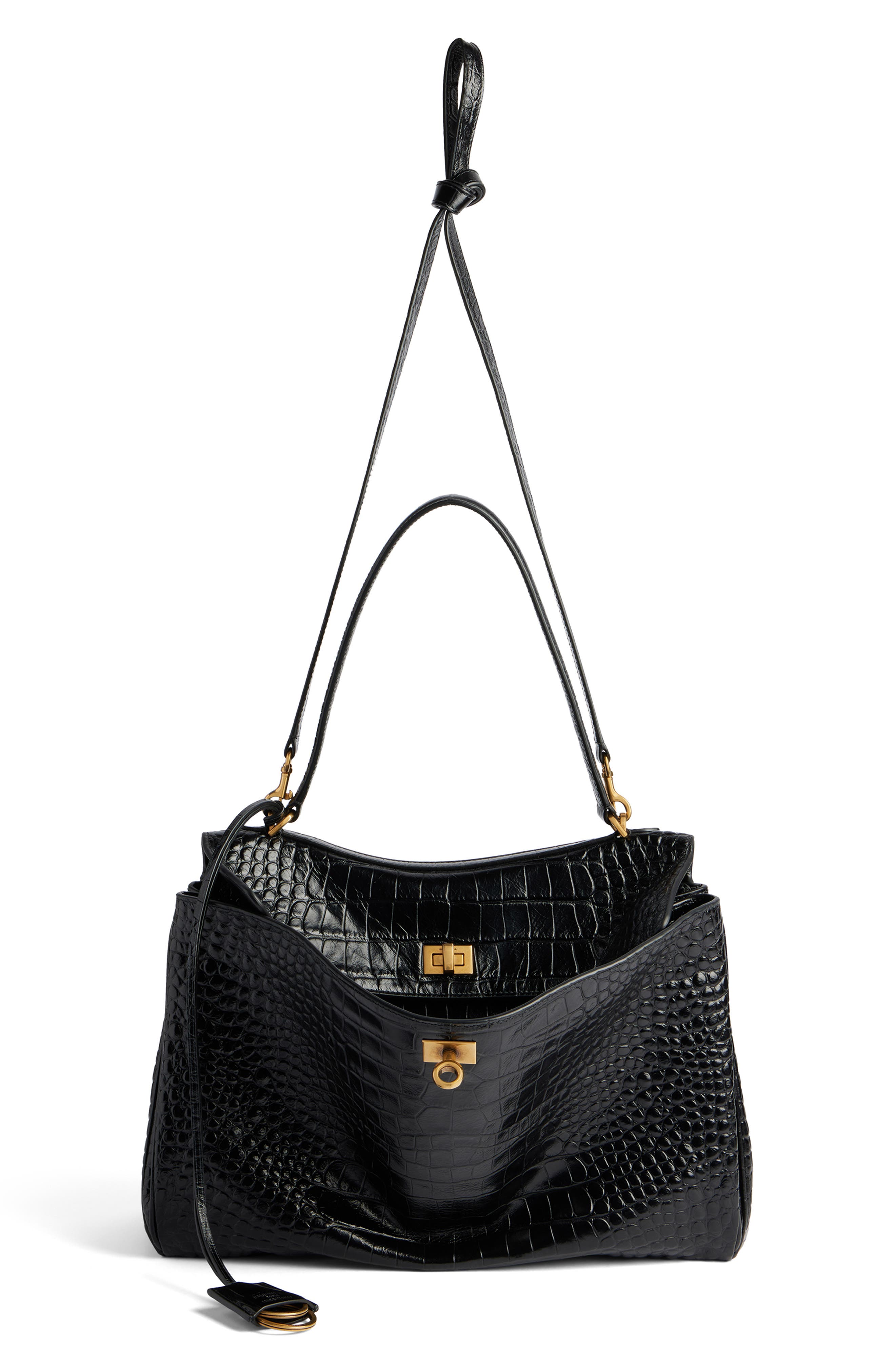 Balenciaga Medium Rodeo Croc Embossed Leather Shoulder Bag, Alternate, color, 1000 Black