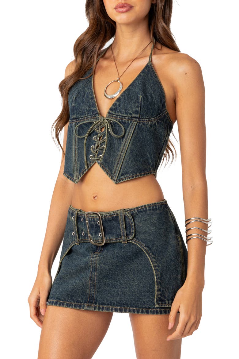 Elara Lace-Up Denim Corset Halter Top, Alternate, color, BLUE