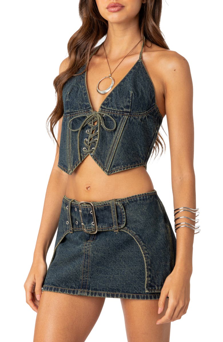 EDIKTED Elara Lace-Up Denim Corset Halter Top, Alternate, color, Blue