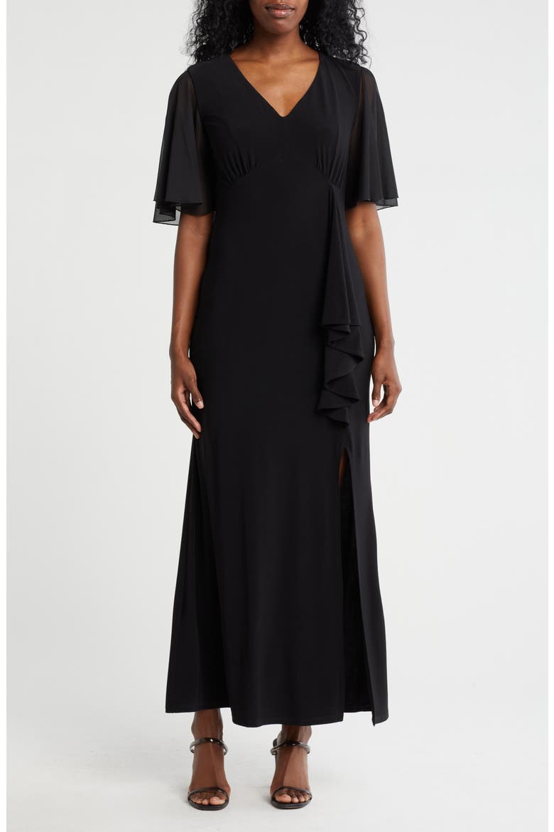 Flutter Sleeve Ruffle Maxi Dress, Main, color, BLACK