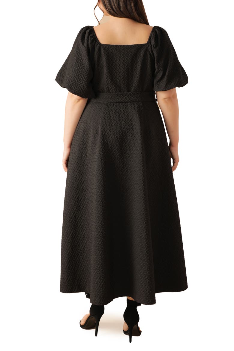 Textured Tie Waist Puff Sleeve Midi Dress, Alternate, color, BLACK