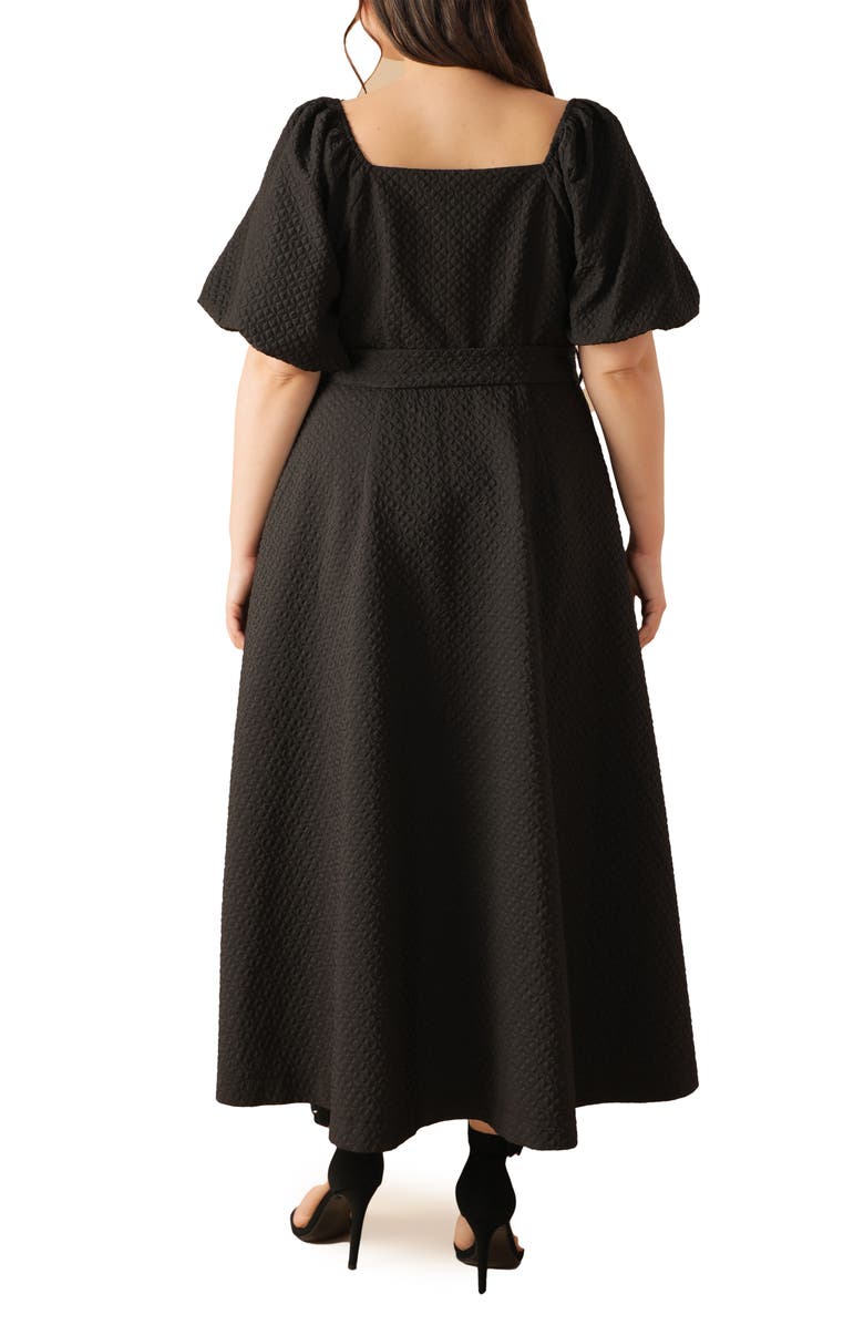 FLYING TOMATO Textured Tie Waist Puff Sleeve Midi Dress, Alternate, color, Black